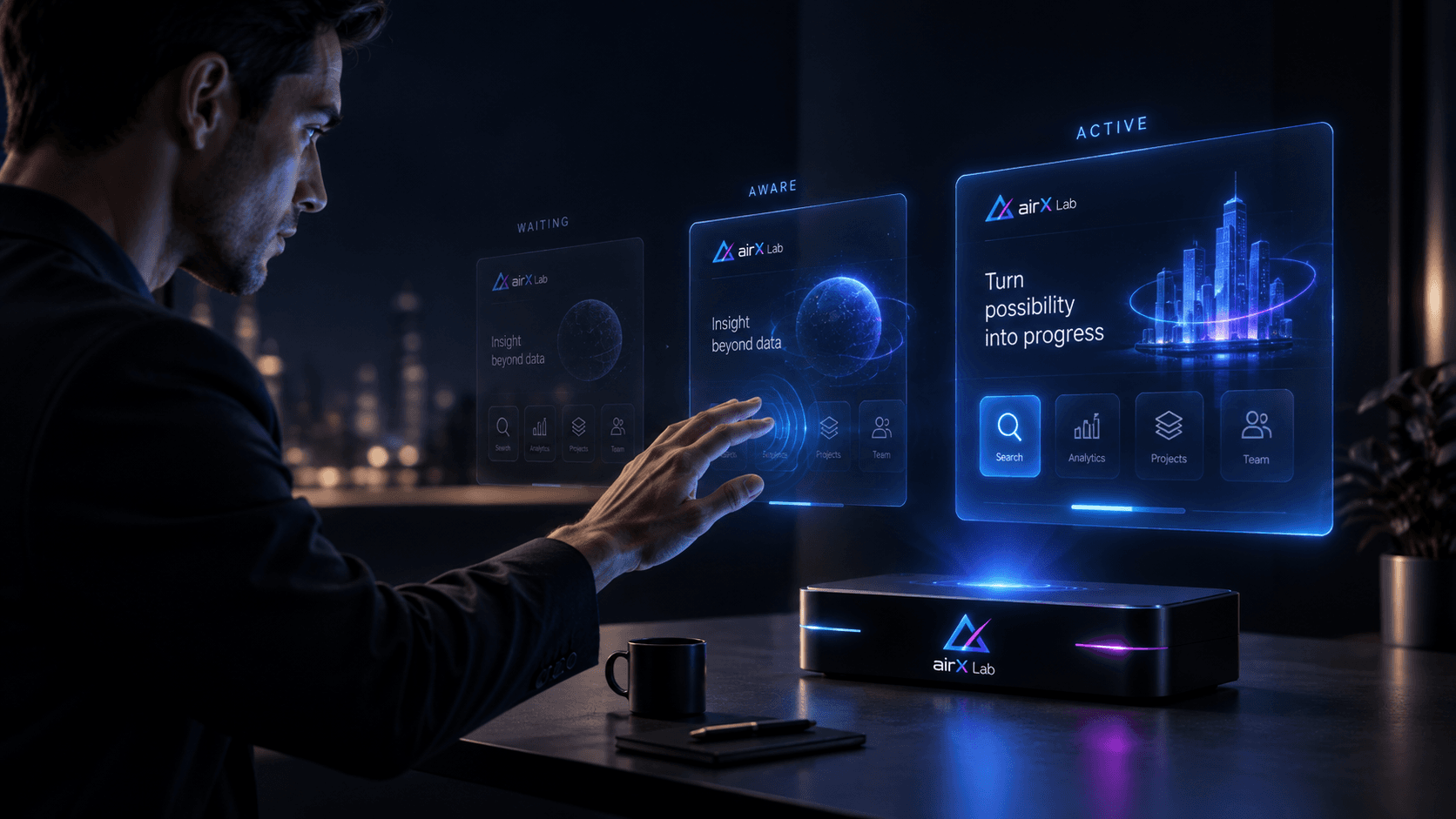 AirDock interaction progressing from waiting to aware to active before touch